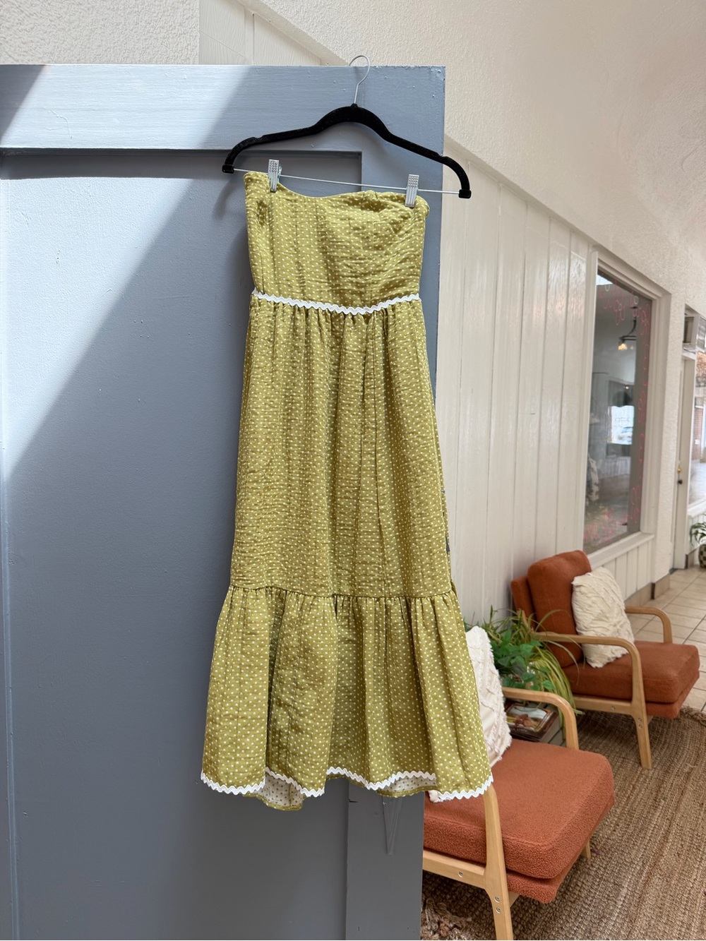 Lulus sz M Strapless Olive Green Midi Dress with Eyelet Trim - Picture 3 of 6